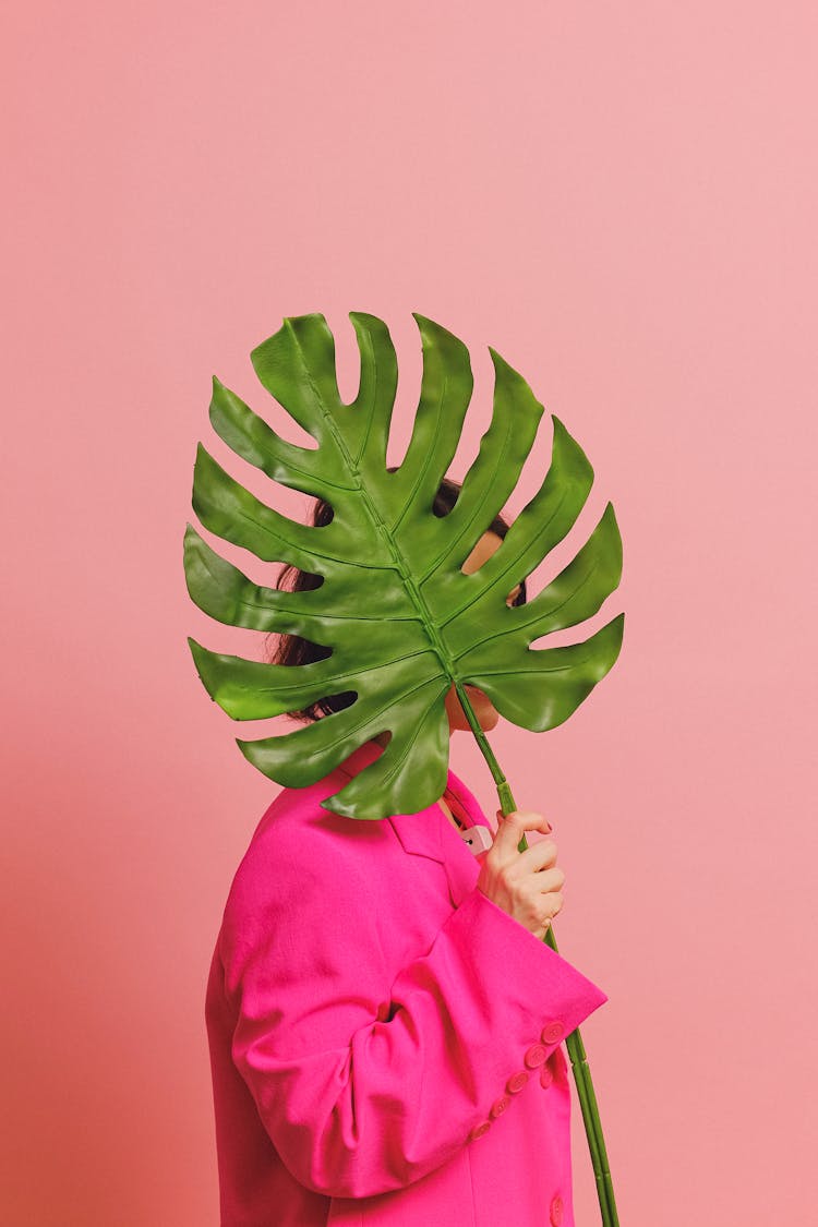 Woman In Pink Blazer Holding A Leaf