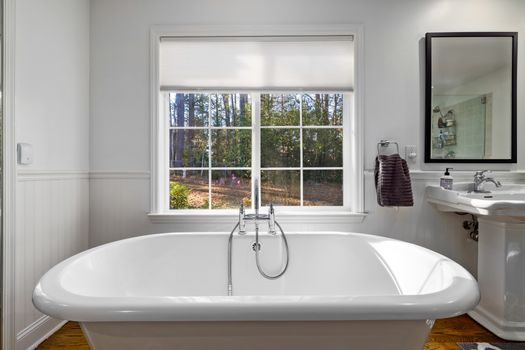 A light-filled modern bathroom featuring a freestanding bathtub, sink, and large window with forest view.
