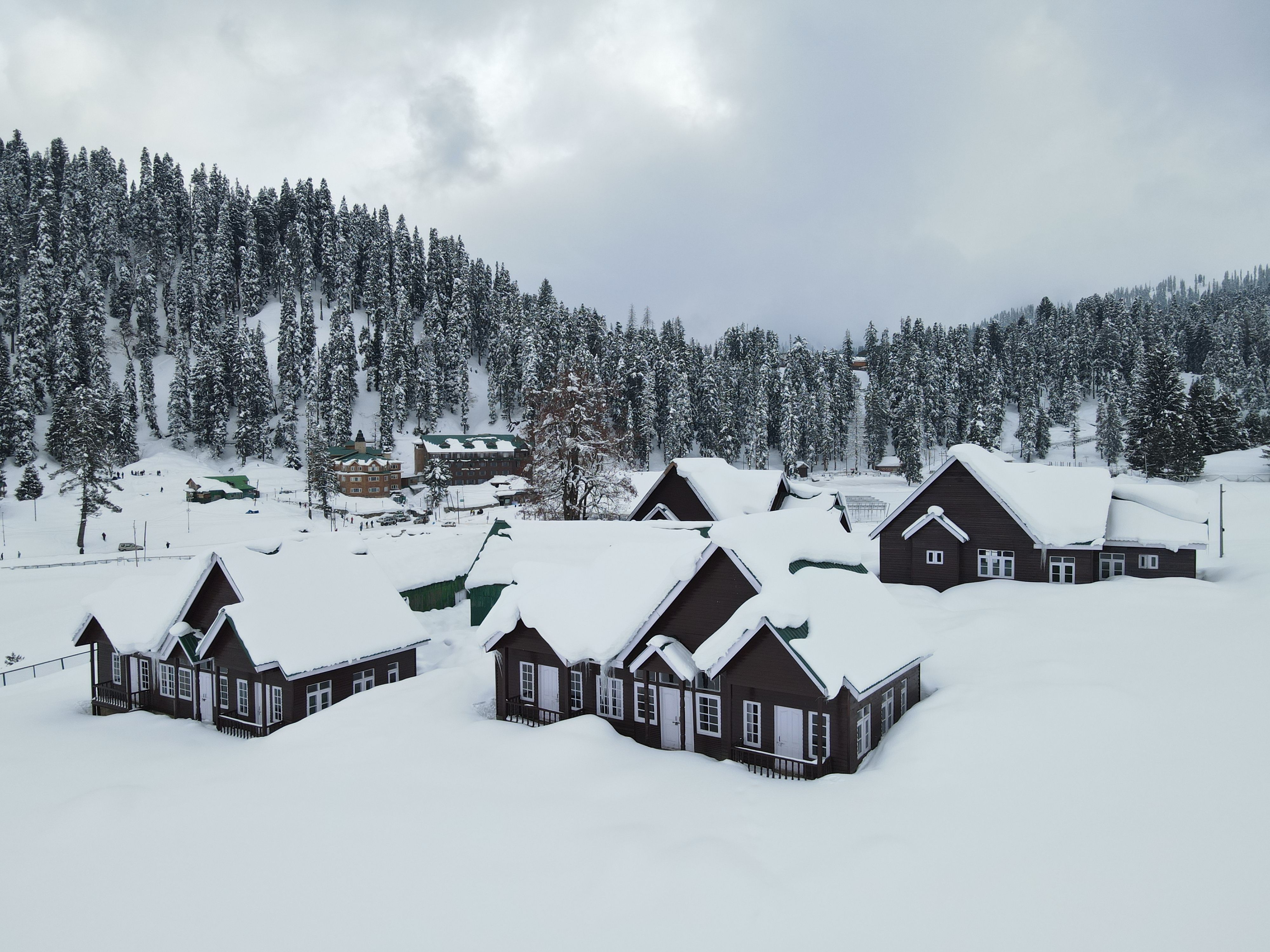 Houses Covered With Snow Near Trees Under White Clouds · Free Stock Photo