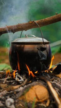 A pot cooking over a campfire in a natural outdoor setting, surrounded by flames and logs.