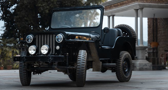 Classic black off-road jeep parked outside a building, showcasing rugged design and vintage style.