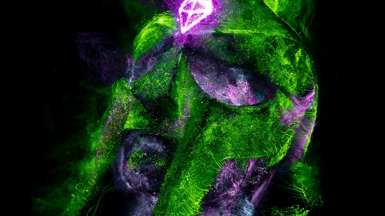 a stunning neon abstract artwork featuring vivid green and purple hues