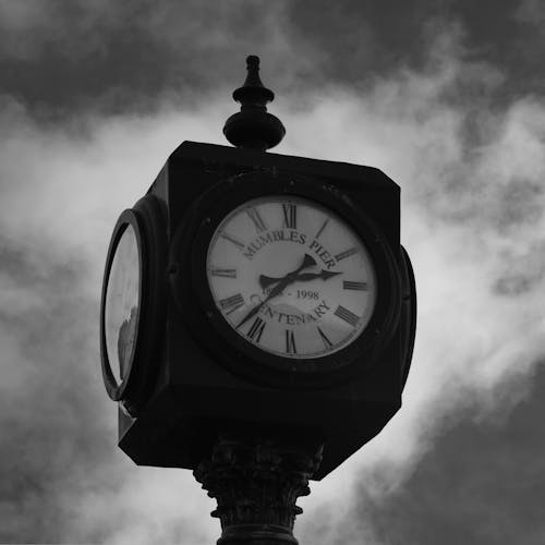 Grayscale Photo of Clock Tower 