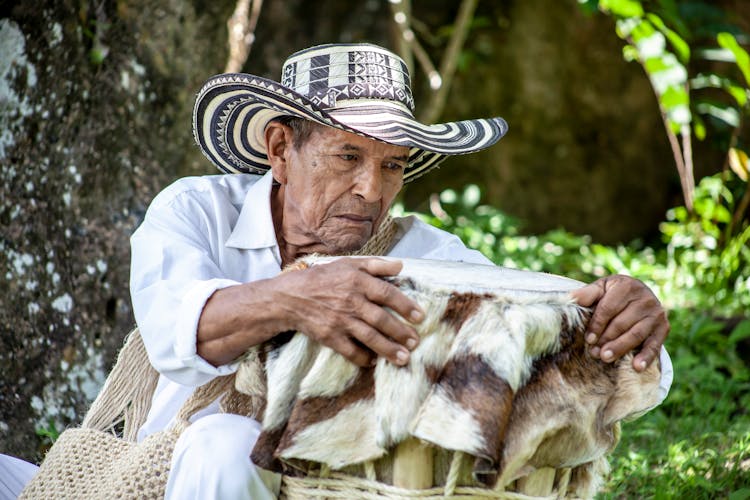 Colombian Man Holding Traditional Drum