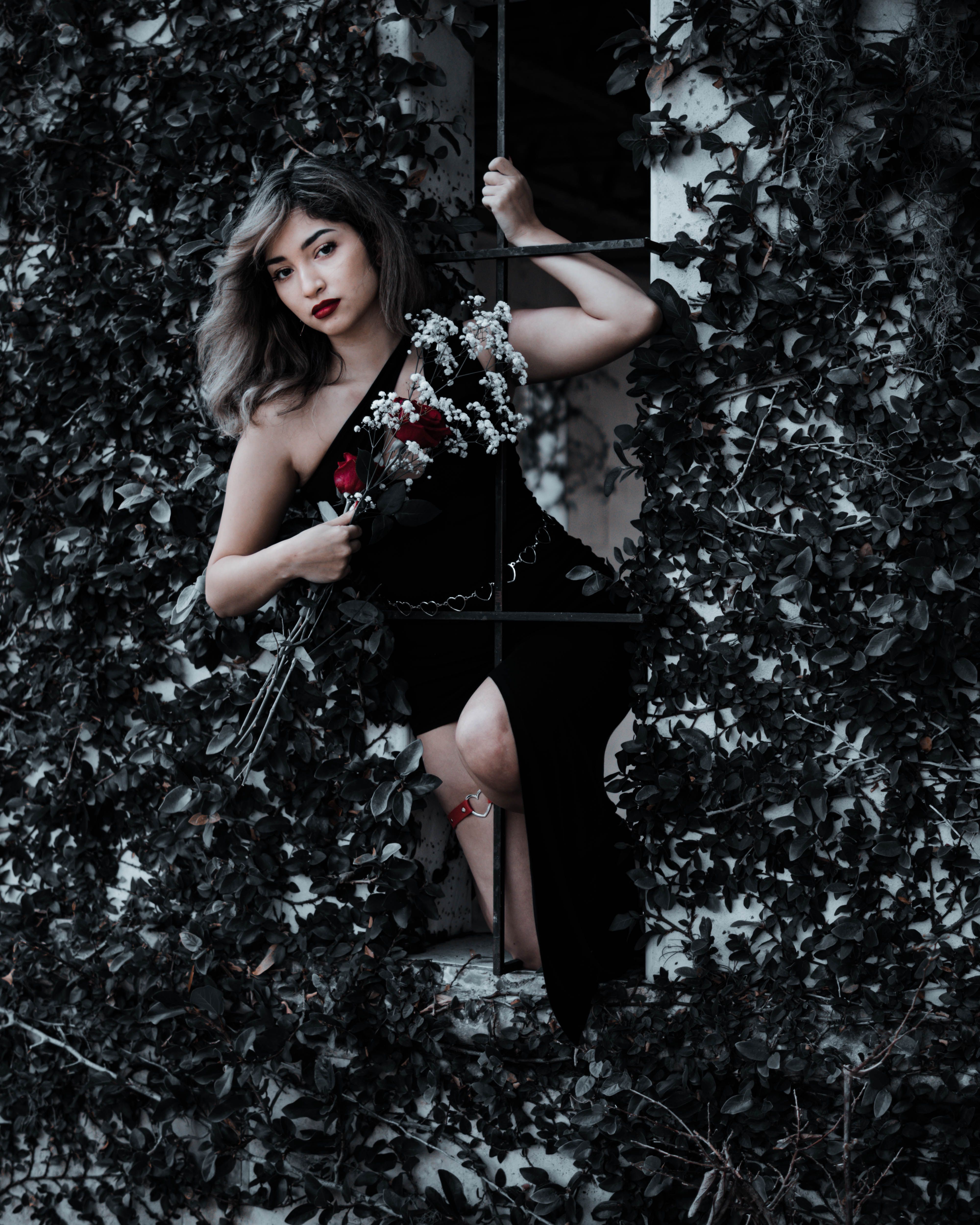 A Woman in Black Dress Holding Flowers · Free Stock Photo