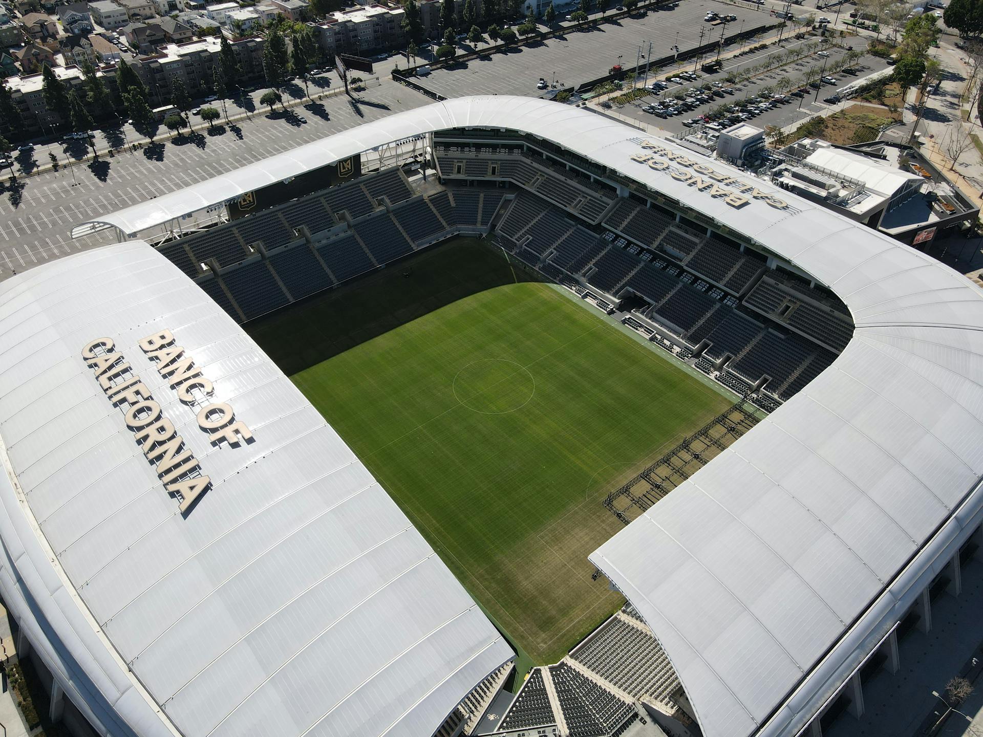 A panoramic aerial shot of the Banc of California Stadium, showcasing its modern architecture in Los Angeles, CA.