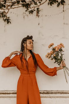 Elegant portrait of a woman in orange, holding flowers with braided hair against a rustic wall.
