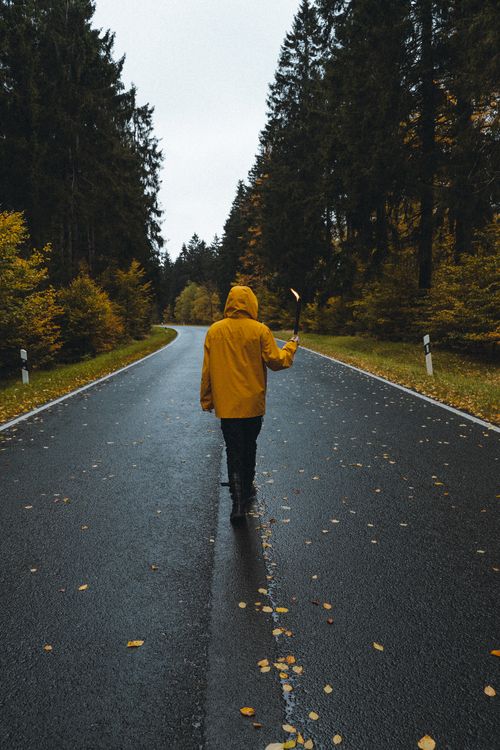 Free A person in a yellow jacket walks down a deserted forest road during fall, holding a burning torch. Stock Photo