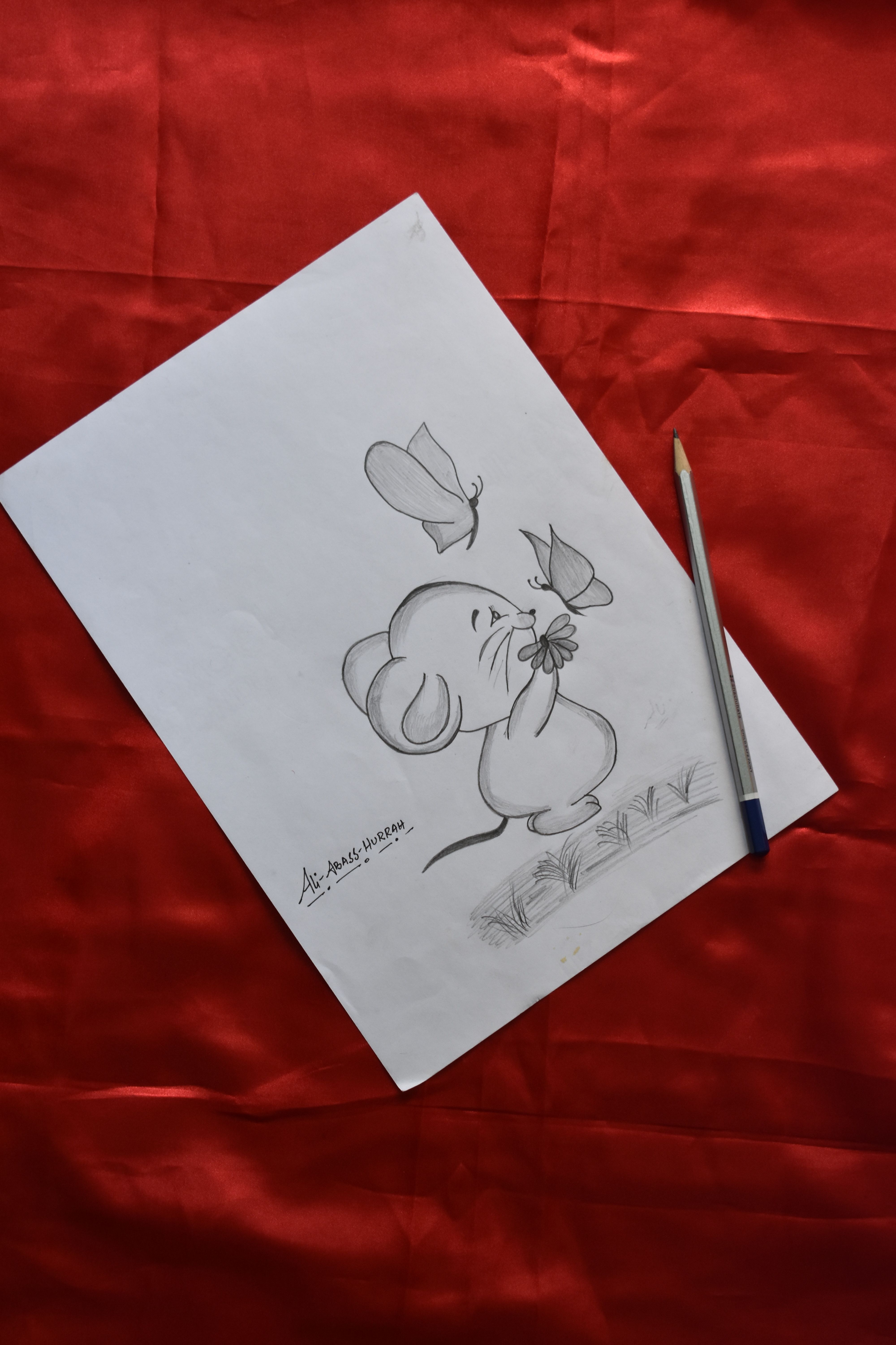 A pencil drawing of a mouse and butterfly on white paper atop red fabric.