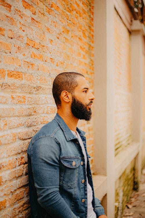 Gratis stockfoto met baard, bakstenen muur, denim jacket