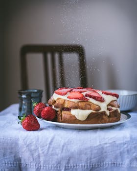 Mouth-watering strawberry shortcake topped with cream and sugar dusting on a table.