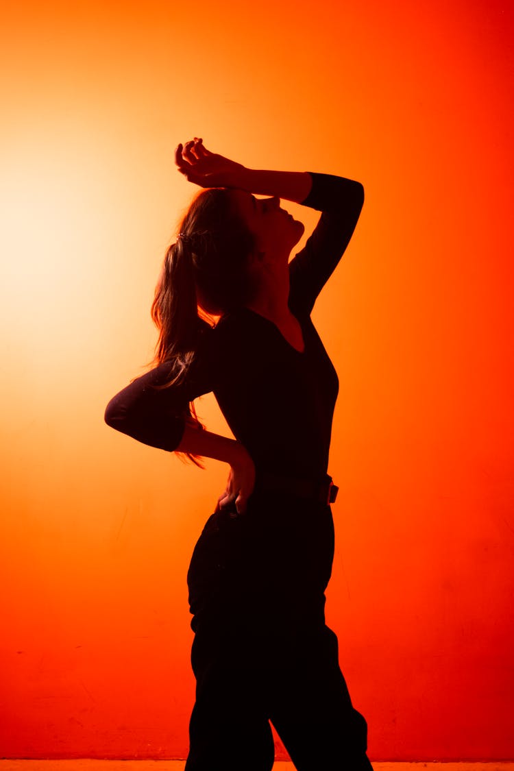 Back Lit Silhouette Of Woman Standing With Arm Raised