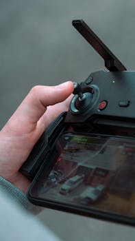 Close-up of a hand using a drone controller with live video feed on screen.