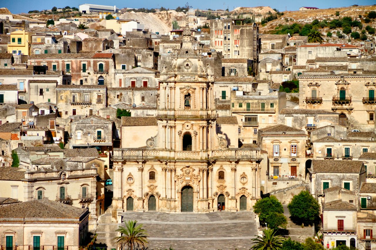 The Baroque church of San Giorgio above the rooftops of Modica