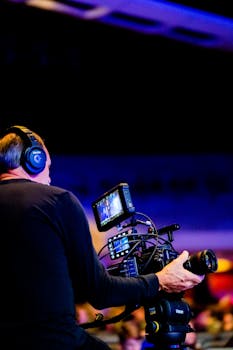 Cameraman with headphones operating a professional video camera indoors.