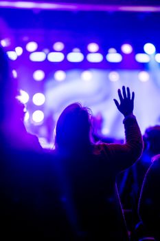 A silhouette of a person raising a hand at a vibrant concert, with colorful lights.