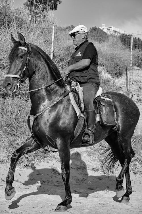 Free Grayscale Photo of Man Riding a Horse Stock Photo