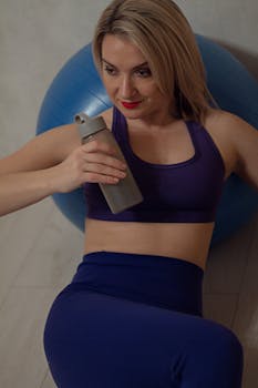 Woman in sportswear relaxing with a water bottle and exercise ball indoors.