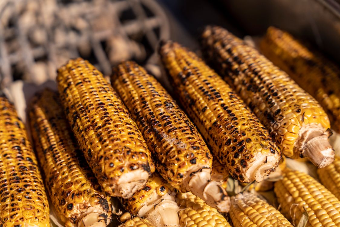 Free Perfectly grilled corn on the cob with a golden brown finish, showcasing delicious summer flavors. Stock Photo