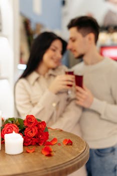A couple enjoying drinks indoors, surrounded by red roses and candles creating a romantic atmosphere.