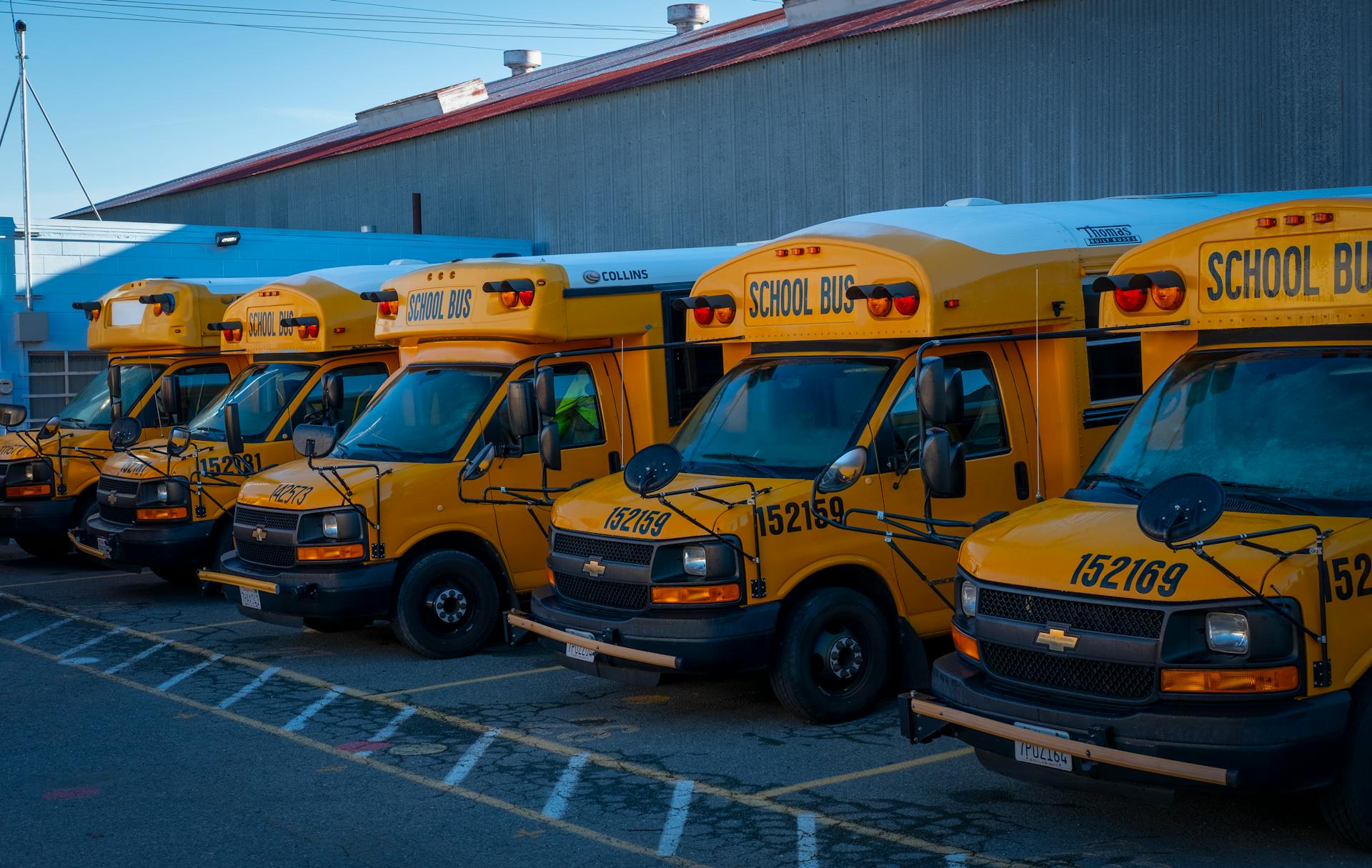 A line of yellow school buses parked outside a building during the day.