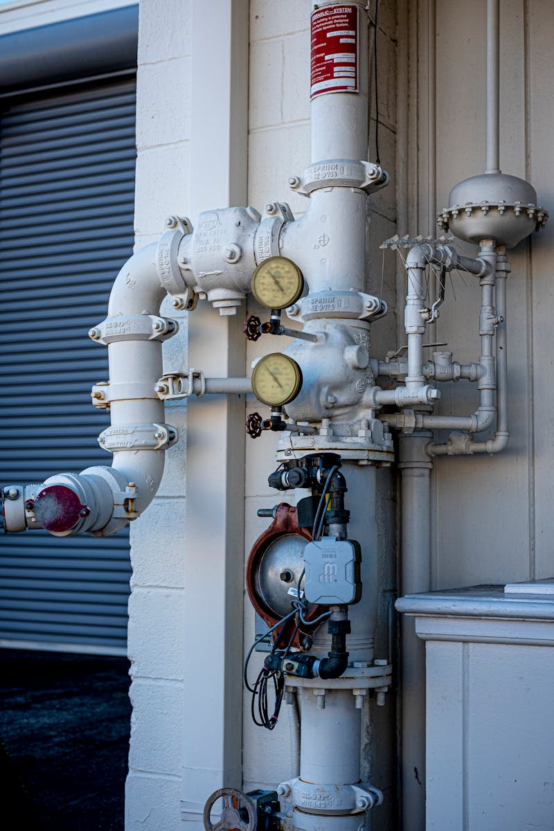 Industrial pipe system with pressure gauges and valves — commercial plumbing infrastructure