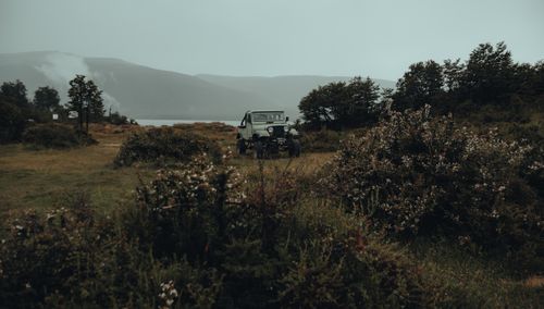 Free A classic jeep in a foggy mountain landscape with green surroundings, ideal for adventure themes. Stock Photo