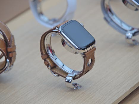Close-up of a sleek smartwatch with a leather strap displayed on a wooden surface.