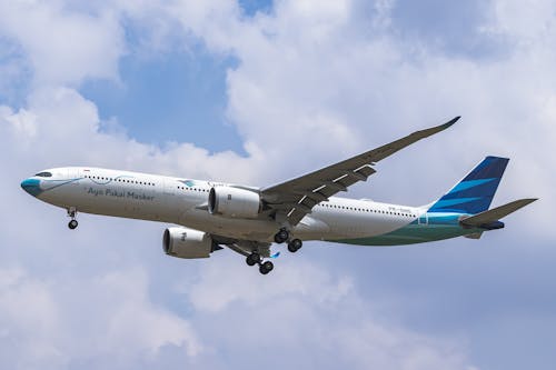 White and Blue Airplane Flying in the Sky