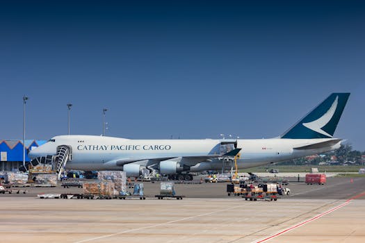Cathay Pacific Cargo aircraft being loaded at Soekarno-Hatta Airport, Indonesia.