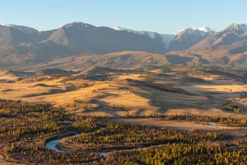 Free A breathtaking view of Altai Republic's mountain landscape with winding river. Stock Photo