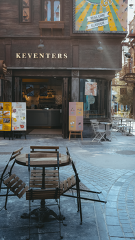 Cozy outdoor seating outside a Keventers café in Dubai, offering a vibrant dining experience.