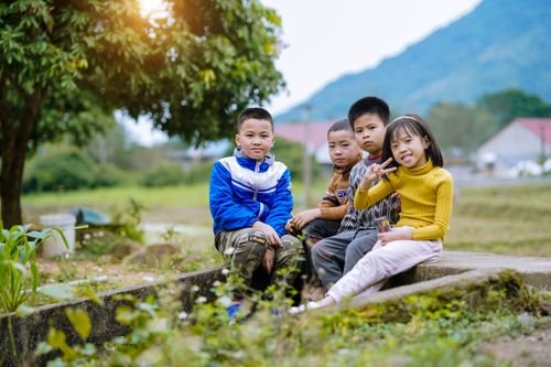 Free A group of happy children sitting outdoors, enjoying a sunny day amidst beautiful natural surroundings. Stock Photo