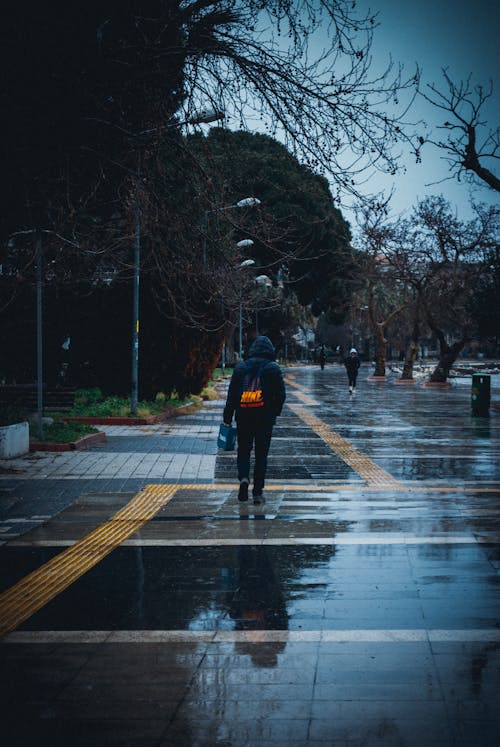 Back View of a Person in a Jacket Walking on a Wet Ground