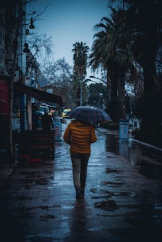 A person in a puffer jacket walks on a rainy city street under an umbrella.