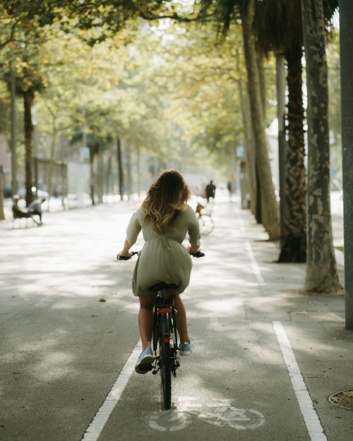 Free A woman leisurely rides her bicycle on a tree-lined bike path in Barcelona, Spain, during a sunny day. Stock Photo