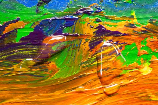 Close-up of a vibrant abstract painting showcasing bold colors and dynamic brush strokes.