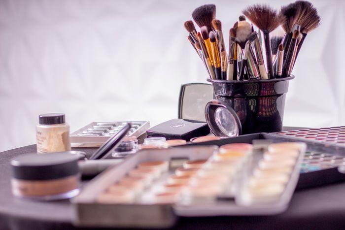 Professional makeup brushes and cosmetics