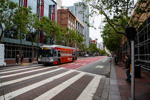 Red and Gray Passenger Bus Near High-rise Building