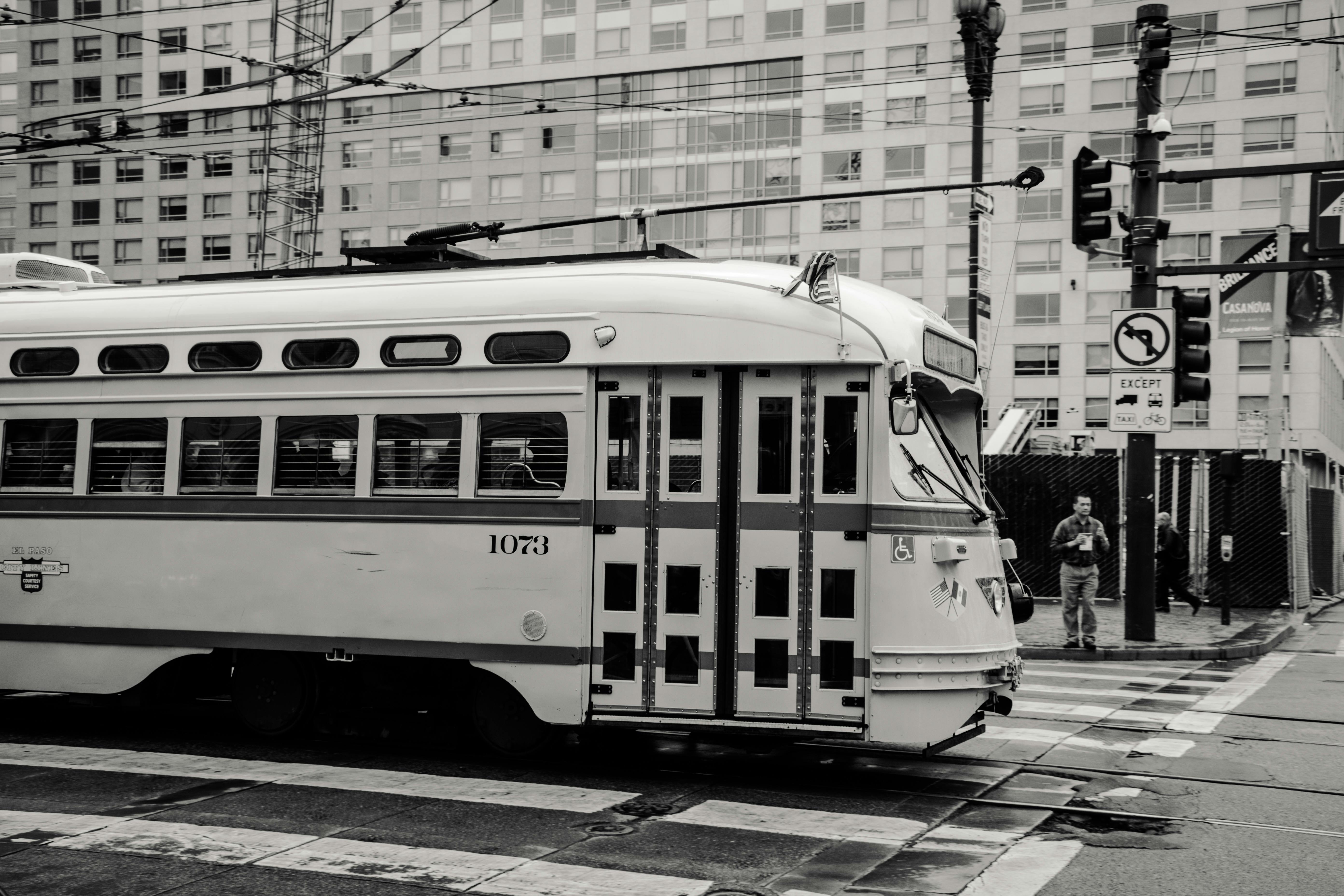 grayscaled photo of train