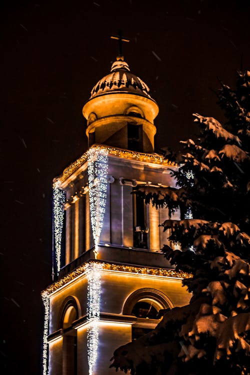 Lights Brightening Up the Cathedral Bell Tower in Chisinau Moldova