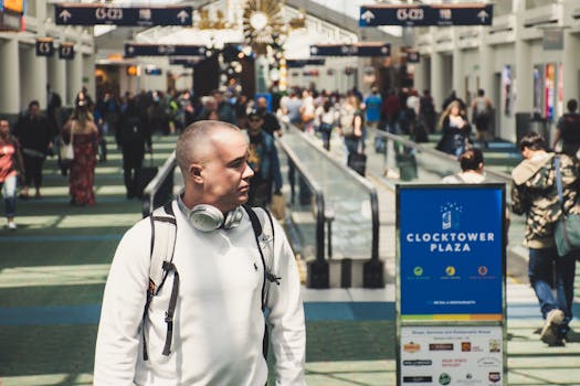 A man wearing headphones in a crowded urban train station with Clocktower Plaza sign visible.