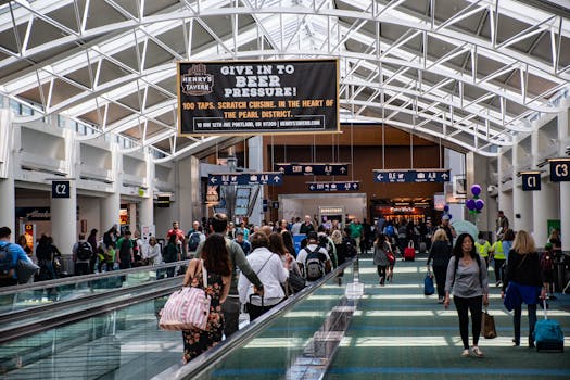 现代化的机场航站楼里，成群结队的旅客走过，洋溢着充满活力的旅行氛围