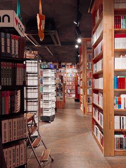 Shelves of books in the library aisle