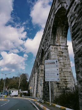 Vertical shot of a historic aqueduct in Istanbul with road signs pointing to Bahçeköy and Sarıyer.