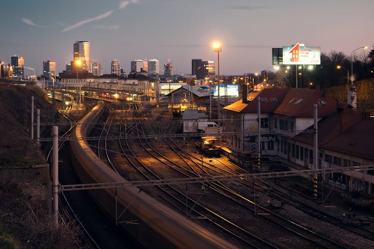 High-Angle Shot Of Railways In The City During Nighttime