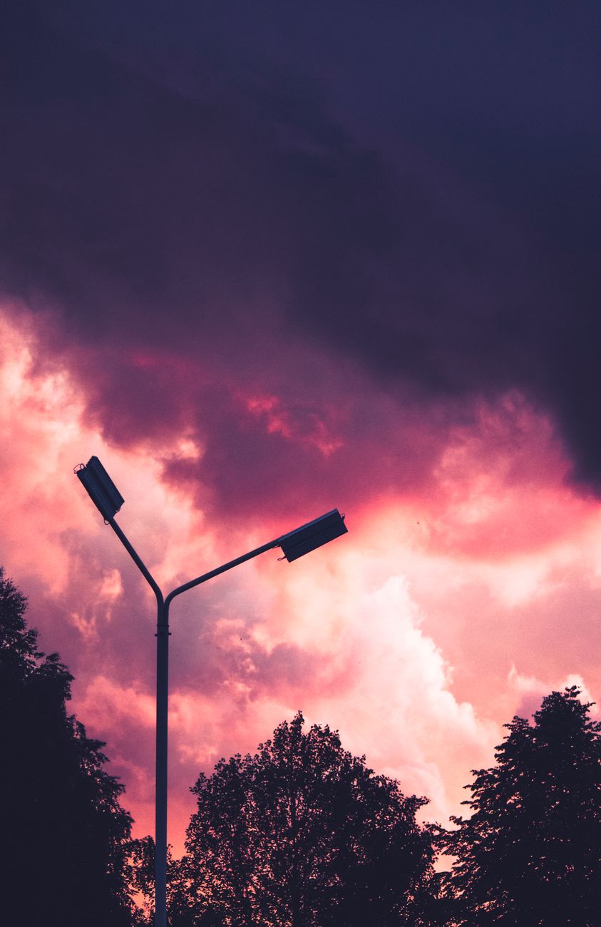 A stunning pink and purple sunset with silhouetted street lamp and trees.