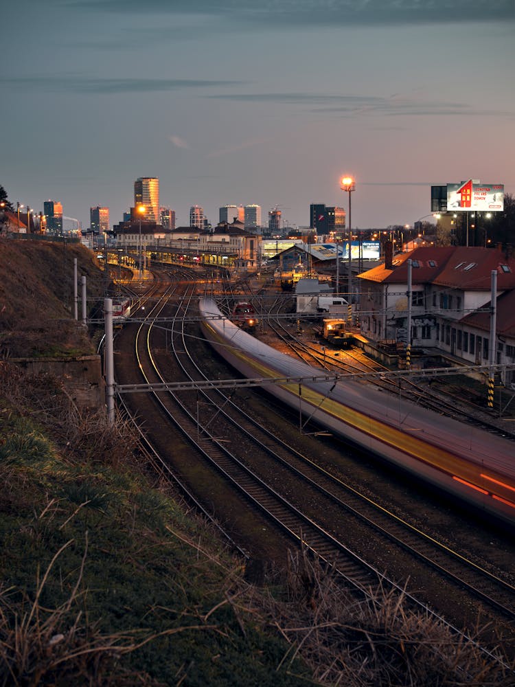 High-Angle Shot Of Railways In The City During Nighttime