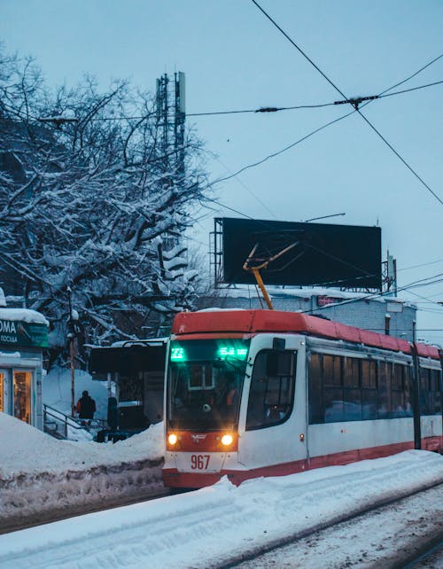 Tram on Street in Snow
