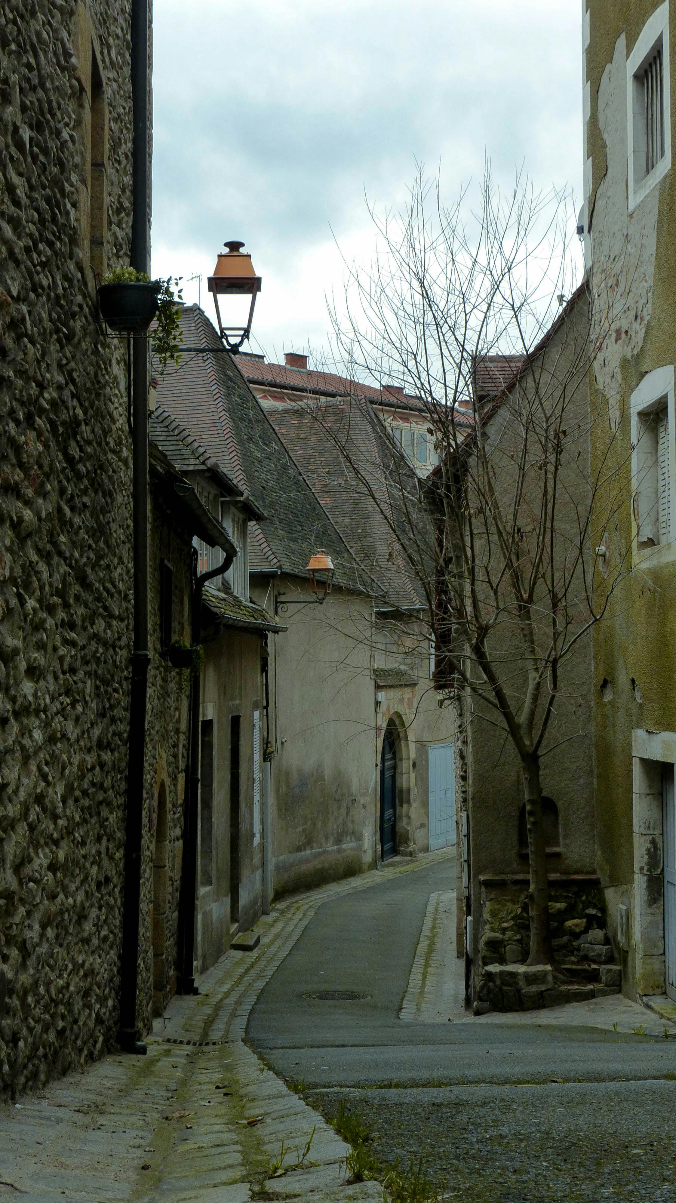 Captivating narrow alley in Montluçon showcasing rustic architecture and cobblestone pathways.